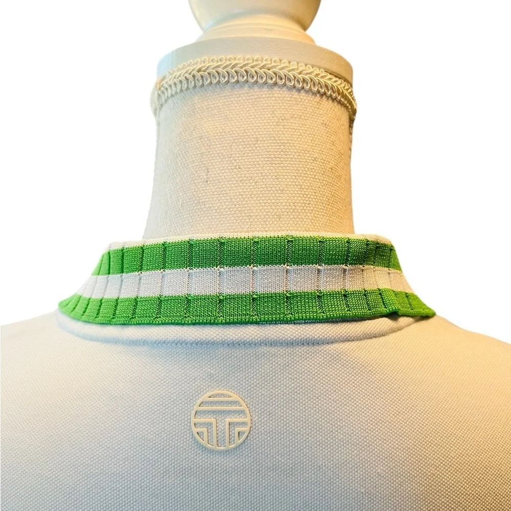 Tory Burch Women's Light Blue Polo Shirt with Green Accents Size Medium